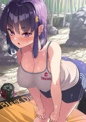 Rule 34 | 1girl, bag, beach towel, blush, boulder, breasts, brush, clothes writing, commentary request, english text, hands on own knees, highres, ishizaka ryuudai, large breasts, leaning forward, looking at viewer, medium hair, original, puzzle piece, puzzle piece hair ornament, rock, shorts, sidelocks, solo, spaghetti strap, sweat, tank top, towel