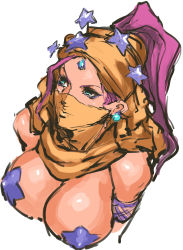 Rule 34 | 1girl, aqua eyes, bandana, bare shoulders, breasts, covered mouth, dancer, earrings, forehead jewel, highres, jewelry, jojo no kimyou na bouken, large breasts, long hair, midler, nameo (judgemasterkou), pasties, pink hair, ponytail, solo, star pasties, upper body, veil