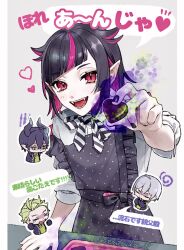 Rule 34 | 4boys, :d, apron, artist name, bad food, black apron, black bow, black hair, black nails, blunt bangs, blunt ends, border, bow, candy, chibi, chibi inset, chocolate, chocolate heart, closed eyes, diagonal bangs, dragon boy, dragon horns, fangs, food, green eyes, green hair, grey background, grey hair, hair between eyes, hair flaps, heart, highres, holding, horns, lilia vanrouge, long sleeves, looking at viewer, male focus, malleus draconia, multicolored hair, multiple boys, nail polish, night raven college uniform, off shoulder, open mouth, outside border, pillarboxed, pink hair, pointy ears, reaching, reaching towards viewer, red eyes, school uniform, sebek zigvolt, shirt, short hair, silver (twisted wonderland), simple background, single off shoulder, sleeves rolled up, smile, solo focus, speech bubble, squiggle, strap slip, streaked hair, striped bow, table, tearing up, tray, tsuki catv, twisted wonderland, twitter username, two-tone hair, valentine, white border, white shirt