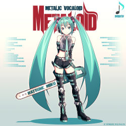 Rule 34 | 10s, 1girl, 2012, aqua eyes, aqua hair, artist name, bare shoulders, boots, chainsaw, character name, copyright name, crop top, dated, detached sleeves, hatsune miku, headset, holding, k-suwabe, long hair, looking at viewer, midriff, musical note, navel, necktie, short shorts, shorts, solo, standing, thigh boots, thighhighs, twintails, very long hair, vocaloid