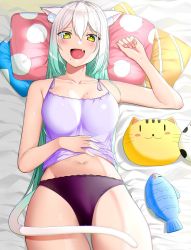 Rule 34 | 1girl, :d, animal ear fluff, animal ears, aqua hair, bad id, bad pixiv id, blush, breasts, camisole, cat ears, cat tail, fang, gradient hair, hair between eyes, highres, long hair, looking at viewer, lying, mole, mole on breast, mole under mouth, multicolored hair, navel, on back, open mouth, original, panties, pillow, purple panties, smile, solo, stuffed toy, suzuharu toufu, tail, underwear, white hair, yellow eyes