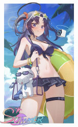 Rule 34 | 1girl, absurdres, alternate costume, bag, bare shoulders, beach, bikini, bikini skirt, black bikini, blue archive, blue sky, blush, breasts, can, character doll, closed mouth, cloud, collarbone, cowboy shot, day, doodle sensei (blue archive), drone, eyewear on head, front-tie bikini top, front-tie top, hair between eyes, highres, holding, holding swim ring, innertube, jewelry, liangcha jun, long hair, looking at viewer, medium breasts, navel, official alternate costume, outdoors, purple eyes, purple hair, sensei (blue archive), shoulder bag, sky, smile, solo, standing, star-shaped eyewear, star (symbol), stomach, sunglasses, swim ring, swimsuit, thigh strap, thighs, very long hair, water, wet, yuuka (blue archive)