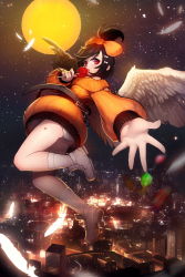 Rule 34 | 1girl, bad id, bad pixiv id, bare legs, black hair, candy, devil maker, feathered wings, flying, food, full moon, highres, long hair, looking at viewer, moon, night, outstretched arm, outstretched hand, panties, red eyes, rheez, short hair, solo, underwear, wings