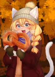 Rule 34 | 1girl, :3, :d, animal ears, beanie, blonde hair, blue eyes, blurry, blurry background, blush, bracelet, braid, brown coat, brown mittens, cat ears, cat tail, charm (object), coat, commission, copyright request, depth of field, ears through headwear, fang, food, grey hat, hat, highres, holding, holding food, jewelry, long hair, mittens, open clothes, open coat, open mouth, orange sweater, pretzel, purple scarf, scarf, smile, solo, sweater, tail, temachii, twin braids