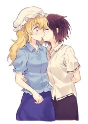 Rule 34 | 2girls, :o, arm behind back, black skirt, blonde hair, blue shirt, blue skirt, blush, brown hair, closed eyes, collared shirt, couple, cowboy shot, cropped legs, frilled sleeves, frills, from side, hair between eyes, hand on another&#039;s waist, hand up, hat, kiss, kissing cheek, long hair, looking at another, looking to the side, maribel hearn, mob cap, multiple girls, no headwear, orange eyes, parted lips, puffy short sleeves, puffy sleeves, re ghotion, ribbon-trimmed sleeves, ribbon trim, shirt, short hair, short sleeves, skirt, tareme, touhou, usami renko, wavy hair, white background, white headwear, white shirt, wing collar, yuri