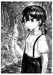 Rule 34 | 1girl, absurdres, animal, blush, border, breast pocket, closed mouth, collared shirt, commentary request, cowboy shot, expressionless, flat chest, forest, grass, greyscale, hakonnbo, highres, holding, holding animal, monochrome, nature, original, pocket, river, shirt, short hair, short sleeves, short twintails, skirt, slug, solo, suspender skirt, suspenders, tree, twintails
