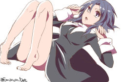 Rule 34 | 1girl, :o, bad id, bad pixiv id, blue eyes, blue hair, breasts, cassock, ciel (tsukihime), feet, hatayanagi shizuku, ighs, knees together feet apart, looking at viewer, lying, melty blood, on back, open mouth, short hair, simple background, sketch, solo, th, thighs, tsukihime, twitter username, white background