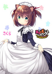 Rule 34 | 1girl, animal ears, apron, black dress, brown hair, cat ears, character name, closed mouth, collared dress, commentary request, copyright name, copyright request, dress, green eyes, hair ribbon, juliet sleeves, long sleeves, looking at viewer, looking to the side, maid, maid apron, maid headdress, puffy sleeves, red ribbon, ribbon, short hair, skirt hold, smile, solo, two side up, usume shirou, white apron, white background