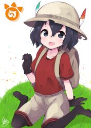Rule 34 | 10s, 1girl, arm support, backpack, bag, black eyes, black gloves, black hair, black pantyhose, blush, bucket hat, clenched hand, collarbone, doorknoble, eyelashes, gloves, grass, hair between eyes, hand up, hat, hat feather, highres, japari symbol, kaban (kemono friends), kemono friends, looking at viewer, no shoes, open mouth, outdoors, pantyhose, paw pose, red shirt, sandstar, shirt, short hair, short sleeves, shorts, signature, sitting, smile, solo, tareme, wariza, wavy hair, white background