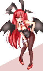 Rule 34 | 1girl, aisa (micuma), animal ears, ascot, bent over, blush, breasts, demon tail, demon wings, detached collar, fang, hand on own ass, head wings, high heels, highres, koakuma, large breasts, leotard, long hair, pantyhose, playboy bunny, rabbit ears, red eyes, red hair, solo, tail, tongue, tongue out, touhou, very long hair, wings, wrist cuffs