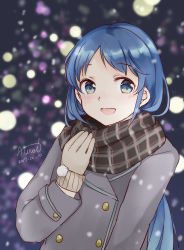 Rule 34 | 1girl, alternate costume, aqua eyes, blue hair, blurry, blurry background, blush, bokeh, brown gloves, buttons, coat, dated, depth of field, double-breasted, gloves, hand up, highres, hiroe (cosmos blue-02 421), kantai collection, long hair, long sleeves, looking at viewer, looking to the side, plaid, plaid scarf, samidare (kancolle), scarf, signature, snowing, solo, swept bangs, upper body, winter clothes