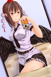 Rule 34 | 1girl, belt, blow, blush, breasts, camera, dominico, hat, highres, kalma538, large breasts, looking at viewer, necktie, pointy ears, shameimaru aya, shiny skin, short hair, skirt, smile, solo, thighs, tokin hat, touhou, wings