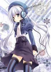 Rule 34 | 1girl, ahoge, artist name, black ribbon, black skirt, blush, breasts, cropped jacket, grey eyes, hair between eyes, hat, headphones, juliet sleeves, lace, lace-trimmed legwear, lace trim, long hair, long sleeves, looking at viewer, looking to the side, original, puffy sleeves, ribbon, silver hair, skirt, solo, standing, striped clothes, striped thighhighs, tatekawa mako, thighhighs, vertical-striped clothes, vertical-striped thighhighs, very long hair, watermark, web address, wnb mark