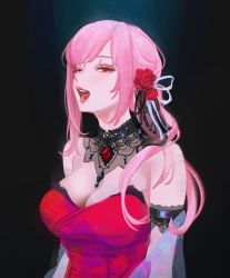 Rule 34 | 1girl, artofkuzu, bare shoulders, black background, breasts, cleavage, detached collar, dress, flower, gem, hair flower, hair ornament, highres, hololive, hololive english, large breasts, long hair, looking at viewer, low ponytail, mori calliope, mori calliope (party dress), open mouth, pink hair, red dress, red eyes, red flower, red lips, red rose, rose, strapless, strapless dress, virtual youtuber