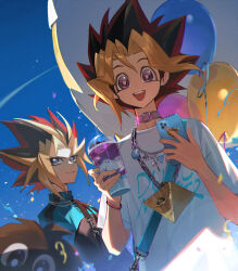 Rule 34 | 2boys, balloon, black choker, black hair, blonde hair, blue sky, choker, drink, happy, highres, holding, holding drink, holding phone, inkerpape, jewelry, kuriboh, light particles, looking at viewer, male focus, millennium puzzle, monster, multicolored hair, multiple boys, mutou yuugi, open mouth, outdoors, phone, purple eyes, red hair, sky, smile, spiked hair, teeth, upper body, upper teeth only, yami yuugi, yu-gi-oh!, yu-gi-oh! duel monsters