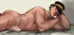 Rule 34 | 1boy, aoi (husiginokuninoa), ass, bara, bulge, commentary request, erection, erection under clothes, feet out of frame, fundoshi, golden kamuy, hat, japanese clothes, kepi, looking at viewer, lying, male focus, male underwear, military hat, on stomach, open mouth, scar, scar on ass, scar on face, scar on mouth, scar on nose, short hair, solo, sugimoto saichi, thighs, toned, toned male, too many, too many scars, topless male, underwear