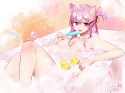 Rule 34 | 1girl, animal ears, arm support, bath, bathing, bathtub, breasts, bubble, cat ears, collarbone, commentary request, commission, completely nude, folded ponytail, food, hair between eyes, highres, holding, holding food, indie virtual youtuber, knees up, large breasts, licking, long hair, nude, partially submerged, pink hair, popsicle, rot illust, rubber duck, second-party source, signature, soap bubbles, solo, tenshouin himeno, thank you, tongue, tongue out, virtual youtuber