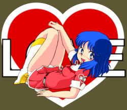 Rule 34 | 1980s (style), 1girl, arm support, blue eyes, blue hair, boots, character request, copyright request, dress, g-hiiragi, heart, legs, looking at viewer, looking back, lying, miniskirt, retro artstyle, on back, on side, open mouth, panties, pantyshot, pink skirt, pleated skirt, retro artstyle, short dress, skirt, smile, underwear, upskirt, white footwear, white panties