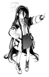 Rule 34 | 1girl, aris (blue archive), blue archive, coat, collared shirt, full body, greyscale, hair between eyes, halo, hand on own hip, highres, hiro (chumo), long hair, long sleeves, looking at viewer, monochrome, necktie, one side up, open clothes, open coat, pleated skirt, pointing, shirt, shoes, simple background, skirt, smile, sneakers, solo, standing, very long hair