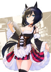 Rule 34 | 1girl, animal ears, black choker, black hair, black shirt, black thighhighs, blouse, blue eyes, bob cut, bow, breasts, choker, closed mouth, clothing cutout, commentary request, cowboy shot, dirndl, ear ribbon, eishin flash (umamusume), frilled skirt, frilled sleeves, frills, german clothes, highres, holding, holding tray, horse girl, horse tail, long sleeves, looking at viewer, medium breasts, partial commentary, red skirt, shiromaru illust, shirt, short hair, shoulder cutout, skirt, skirt hold, smile, solo, standing, tail, thighhighs, tray, umamusume