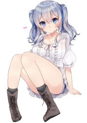 Rule 34 | 10s, 1girl, alternate costume, arms at sides, bad id, bad twitter id, bare legs, black socks, blue eyes, blue ribbon, blue shorts, blush, boots, breasts, brown footwear, cleavage, collarbone, contemporary, denim, denim shorts, eyebrows, frilled sleeves, frills, full body, hair ribbon, head tilt, heart, highres, kantai collection, kashima (kancolle), knee boots, kneehighs, kou mashiro, large breasts, long hair, long sleeves, looking at viewer, parted lips, ribbon, short shorts, shorts, silver hair, simple background, sitting, sleeves past elbows, socks, solo, sweater, twintails, white background