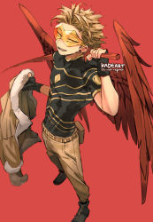 Rule 34 | 1boy, abs, artist name, belt, black footwear, blonde hair, boku no hero academia, brown pants, earrings, facial hair, feathered wings, feathers, fingerless gloves, forehead, full body, fur-trimmed jacket, fur trim, gloves, goatee, goggles, gold trim, hand up, hawks (boku no hero academia), holding, holding clothes, holding jacket, holding sword, holding weapon, jacket, jewelry, kadeart, large wings, legs apart, looking at viewer, lower teeth only, male focus, muscular, open mouth, pants, pouch, red background, red wings, short hair, short sleeves, simple background, solo, spiked hair, standing, stubble, superhero costume, sword, teeth, thai commentary, thick eyebrows, toned, toned male, upper teeth only, weapon, wings, yellow eyes