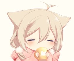 Rule 34 | 1girl, = =, ahoge, ahoge wag, animal ears, blonde hair, blush, chibi, commentary request, cup, dated, drinking, ears down, expressive hair, closed eyes, facing viewer, fox ears, hair between eyes, holding, konshin, original, pink background, pink scarf, scarf, signature, simple background, solo, wide face