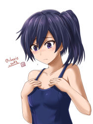 Rule 34 | 10s, 1girl, bare shoulders, blue hair, blue one-piece swimsuit, blush, breast conscious, breasts, cleavage, collarbone, flying sweatdrops, fujisawa aya (gundam build divers), gundam, gundam build divers, hair between eyes, hands on own chest, haura akitoshi, looking down, medium hair, one-piece swimsuit, purple eyes, school swimsuit, shiny clothes, side ponytail, simple background, small breasts, solo, swimsuit, twitter username, upper body, white background