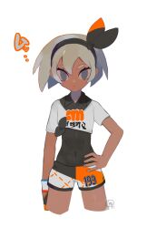 Rule 34 | 1girl, absurdres, arm at side, bea (pokemon), black bodysuit, black gloves, black hairband, black ribbon, black shirt, black shorts, bodysuit, bodysuit under clothes, closed mouth, collared shirt, covered navel, cowboy shot, creatures (company), cropped legs, dark-skinned female, dark skin, eyelashes, fingernails, game freak, gloves, grey eyes, grey hair, hair between eyes, hairband, hand on own hip, highres, htn nm, legs apart, looking at viewer, multicolored clothes, multicolored shirt, multicolored shorts, nintendo, orange gloves, orange ribbon, orange shirt, orange shorts, pokemon, pokemon swsh, print shirt, ribbon, shirt, short hair, short sleeves, shorts, simple background, single glove, solo, standing, tied shirt, two-tone gloves, two-tone ribbon, white background, white shirt, white shorts, white wristband, wristband