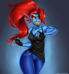Rule 34 | 1girl, blue skin, breasts, chain, colored sclera, colored skin, doom x wolf, eyepatch, female focus, fingerless gloves, fins, fish girl, gloves, head fins, large breasts, long hair, muscular, muscular female, no nose, ponytail, red hair, sharp teeth, solo, teeth, thick thighs, thighs, undertale, undyne, yellow sclera