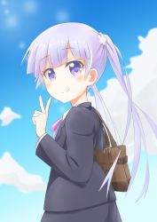 Rule 34 | 10s, 1girl, bag, blue skirt, business suit, dokka no kuni no kokuou, dress shirt, formal, hair ornament, long hair, looking at viewer, neck ribbon, new game!, purple eyes, ribbon, shirt, silver hair, skirt, skirt suit, smile, solo, suit, suzukaze aoba, twintails, v, very long hair