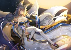 Rule 34 | 1girl, animal ear fluff, animal ears, artist name, azur lane, bare shoulders, blue kimono, blunt bangs, breasts, cherry blossoms, cleavage, collarbone, commentary, fox ears, full body, full moon, glint, grey hair, hair intakes, hair ornament, hand on own chest, japanese clothes, kimono, large breasts, long hair, long sleeves, looking at viewer, miniskirt, moon, multiple tails, night, night sky, off shoulder, parted lips, petals, pleated skirt, purple eyes, sakuramon, shinano (azur lane), sidelocks, skindentation, skirt, sky, solo, streyah, tail, tassel, thighhighs, watermark, wedge heels, white skirt, white tail, white thighhighs, wide sleeves, zettai ryouiki