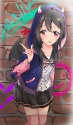 Rule 34 | 1girl, artist name, artist request, black hair, black skirt, black wings, blush, bow, breasts, collarbone, demon horns, female focus, hair bow, heart, heart print, highres, hood, hood up, hooded jacket, horns, jacket, looking at viewer, love live!, love live! school idol festival, love live! school idol project, parted lips, pink legwear, pink neckwear, polka dot, polka dot shirt, purple jacket, raavnya, red eyes, shirt, short hair, skirt, small breasts, smile, solo, striped, striped bow, twintails, white shirt, wings, yazawa nico