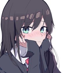 Rule 34 | 1girl, black hair, black jacket, blue eyes, blush, closed mouth, commentary, english commentary, giji harem, hair between eyes, head rest, highres, jacket, long hair, long sleeves, looking at viewer, nail polish, nanakura rin, red nails, school uniform, simple background, sleeves past wrists, solo, upper body, vinsycal, wavy mouth, white background