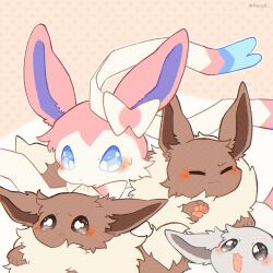 Rule 34 | alternate color, animal focus, blue eyes, blush, bow, carrying, closed eyes, creatures (company), eevee, fangs, fluffy, game freak, gen 1 pokemon, gen 6 pokemon, hyrell, mouth hold, nintendo, no humans, open mouth, pokemon, pokemon (creature), ribbon, shiny pokemon, sweat, sylveon, tears