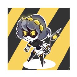 Rule 34 | 1girl, chibi, coat, colored skin, female focus, glitch productions, grey skin, grin, highres, mecha girl, mechanical tail, murder drones, robot girl, shiny skin, short hair, smile, tail, thighhighs, v (murder drones), yellow eyes