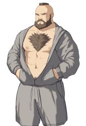 Rule 34 | 1boy, abs, absurdres, alternate costume, bara, bare pectorals, beard, casual, chest hair, facial hair, feet out of frame, grey jacket, grey shorts, hands in pockets, highres, jacket, large pectorals, male focus, mature male, mohawk, muscular, muscular male, mustache, navel, navel hair, nipples, open clothes, open jacket, pectorals, ryker, short hair, shorts, solo, stomach, street fighter, street fighter zero (series), track jacket, zangief