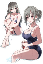 Rule 34 | 1girl, absurdres, bare arms, bare legs, bare shoulders, barefoot, black one-piece swimsuit, blush, breasts, cleavage, commentary request, artistic error, flying sweatdrops, grey hair, hair between eyes, hair bun, hair down, highres, hugging own legs, idolmaster, idolmaster cinderella girls, kanzaki ranko, knees up, large breasts, long hair, looking at viewer, multiple views, one-piece swimsuit, open mouth, parted lips, pizzasi, red eyes, single hair bun, swimsuit, very long hair, water, wavy mouth, wet, white background, wrong foot