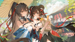Rule 34 | 2girls, alternate costume, alternate hairstyle, architecture, bag, bare shoulders, bird, black skirt, blue kimono, bracelet, breasts, brown hair, chest strap, closed mouth, cloud, commentary request, cowboy shot, daiyan (neural cloud), detached collar, double bun, east asian architecture, food, food in mouth, girls&#039; frontline, girls&#039; frontline neural cloud, hair bun, hair intakes, hair ribbon, highres, holding, holding umbrella, japanese clothes, jewelry, jiangyu (neural cloud), kimono, kuuus, large breasts, long hair, looking at viewer, mouth hold, multiple girls, off shoulder, outdoors, paper bag, ponytail, red ribbon, ribbon, shirt, siblings, single bare shoulder, sisters, skirt, smile, twintails, type 95 (girls&#039; frontline), type 97 (girls&#039; frontline), umbrella, very long hair, white shirt, yellow eyes