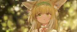 Rule 34 | 1girl, animal ears, arknights, blonde hair, blue hairband, blurry, blurry background, blush, colored tips, commentary, english commentary, fox ears, fox girl, frilled hairband, frills, green eyes, gumiaoandpeace, hairband, highres, long hair, looking at viewer, multicolored hair, neck ribbon, parted lips, portrait, red ribbon, ribbon, solo, suzuran (arknights), suzuran (spring praise) (arknights), two-tone hair, white hair