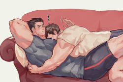 Rule 34 | 2boys, armpits, artist name, bara, biceps, black hair, blush, brown hair, couch, couple, darius (league of legends), face to pecs, garen (league of legends), hand on back, highres, hug, large pectorals, league of legends, looking at viewer, lying, lying on person, male focus, multiple boys, muscular, muscular male, on back, pants, patting, pectorals, punbun 4fun, scar, scar across eye, scar on face, shirt, t-shirt, thick arms, thick thighs, thighs, track pants, yaoi