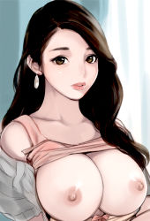 Rule 34 | 1girl, black hair, breasts, breasts out, brown eyes, clothes lift, dytm, earrings, highres, jewelry, large breasts, long hair, looking at viewer, nipples, no bra, parted lips, shirt, shirt lift, solo, upper body