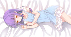 Rule 34 | 1girl, :o, aikatsu!, aikatsu! (series), bare arms, bed sheet, blush, bow, closed eyes, collarbone, commentary request, feet out of frame, fingernails, frills, highres, hikami sumire, long hair, lying, makiaato, nightgown, on side, parted lips, purple hair, sleeping, sleeveless, solo, white bow
