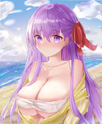 Rule 34 | 1girl, absurdres, bad id, bad pixiv id, bandeau, bare shoulders, bb (fate), bb (fate) (all), bb (swimsuit mooncancer) (fate), bb (swimsuit mooncancer) (first ascension) (fate), beach, blue sky, blush, breasts, cleavage, collarbone, fate/grand order, fate (series), hair ribbon, highres, jacket, large breasts, long hair, long sleeves, looking at viewer, lshiki, off shoulder, purple eyes, purple hair, red ribbon, ribbon, sky, smile, solo, very long hair, yellow jacket