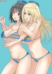 Rule 34 | 10s, 2girls, :d, :o, atago (kancolle), beret, bikini, black hair, blonde hair, breast hold, breasts, female focus, green eyes, hat, isshiki (ffmania7), kantai collection, long hair, multiple girls, open mouth, red eyes, short hair, shy, simple background, smile, swimsuit, takao (kancolle), yuri