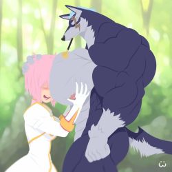 Rule 34 | 1boy, 1girl, artist request, dog, estellise sidos heurassein, furry, highres, imminent penetration, muscular, outdoors, pink hair, plant, princess, repede (tales), source request, standing, tagme, tales of (series), tales of vesperia, tree