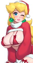Rule 34 | 1girl, blonde hair, blue eyes, blush, breasts, christmas, cleavage, earrings, fur-trimmed collar, fur trim, gloves, hat, jewelry, large breasts, long hair, long sleeves, looking at viewer, mario (series), nintendo, one eye closed, princess peach, puffy sleeves, riz, santa hat, smile, solo, super mario bros. 1, thick eyebrows, thick lips, thighs