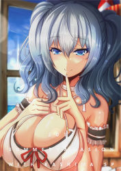 Rule 34 | 1girl, adapted costume, arm garter, beret, bikini, blue eyes, blue sky, blurry, blush, breasts, character name, cleavage, cloud, commentary request, day, depth of field, hair between eyes, halterneck, halterneck, hat, highres, index finger raised, indoors, kantai collection, kashima (kancolle), large breasts, lens flare, long hair, looking at viewer, nail polish, ocean, origin (fefnir nightload), pink lips, sidelocks, silver hair, skindentation, sky, smile, solo, sunlight, swimsuit, tsurime, twintails, wavy hair, white bikini, white nails, window