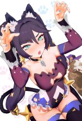 Rule 34 | 1girl, animal ear fluff, animal ears, black choker, black hair, black thighhighs, blue nails, breasts, brown fur, cat, cat cutout, cat ears, cat tail, choker, clothing cutout, detached sleeves, fish bone, frilled leotard, frills, genshin impact, green eyes, hair ornament, hat, highres, kneeling, leotard, long hair, medium breasts, mona (genshin impact), nail polish, open mouth, paw pose, paw print, purple hat, simple background, strapless, strapless leotard, tail, teeth, thighhighs, twintails, upper teeth only, waterswing, white background, witch hat, zettai ryouiki