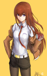 Rule 34 | 1girl, absurdres, belt, black shorts, blue eyes, brown hair, can, commentary request, dated, highres, holding, holding can, jacket, long hair, makise kurisu, necktie, orange necktie, pantyhose, purple eyes, red necktie, shirt, short shorts, shorts, solo, steins;gate, unique (pixiv12704744), white belt, white shirt, yellow background